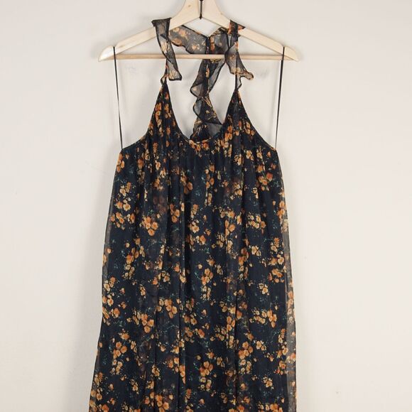 Zara Floral Print Chiffon Racer Blue Flowy Ruffle Summer Maxi Dress Sz M - Picture 2 of 14